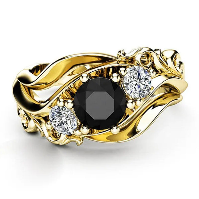 Fashion Ladies Rose Gold Leaf Vine Black Gemstone Rings Jewelry Bridal Romantic