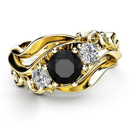 Fashion Ladies Rose Gold Leaf Vine Black Gemstone Rings Jewelry Bridal Romantic