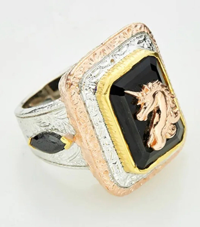 925 Standard Silver New Arrival Fashion Women Men Black Stone Big Rings Rose Gol