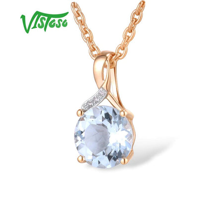 Gold Pendant for Women Genuine 14K 585 Rose Gold Radiant Blue Topaz Sparkling Di