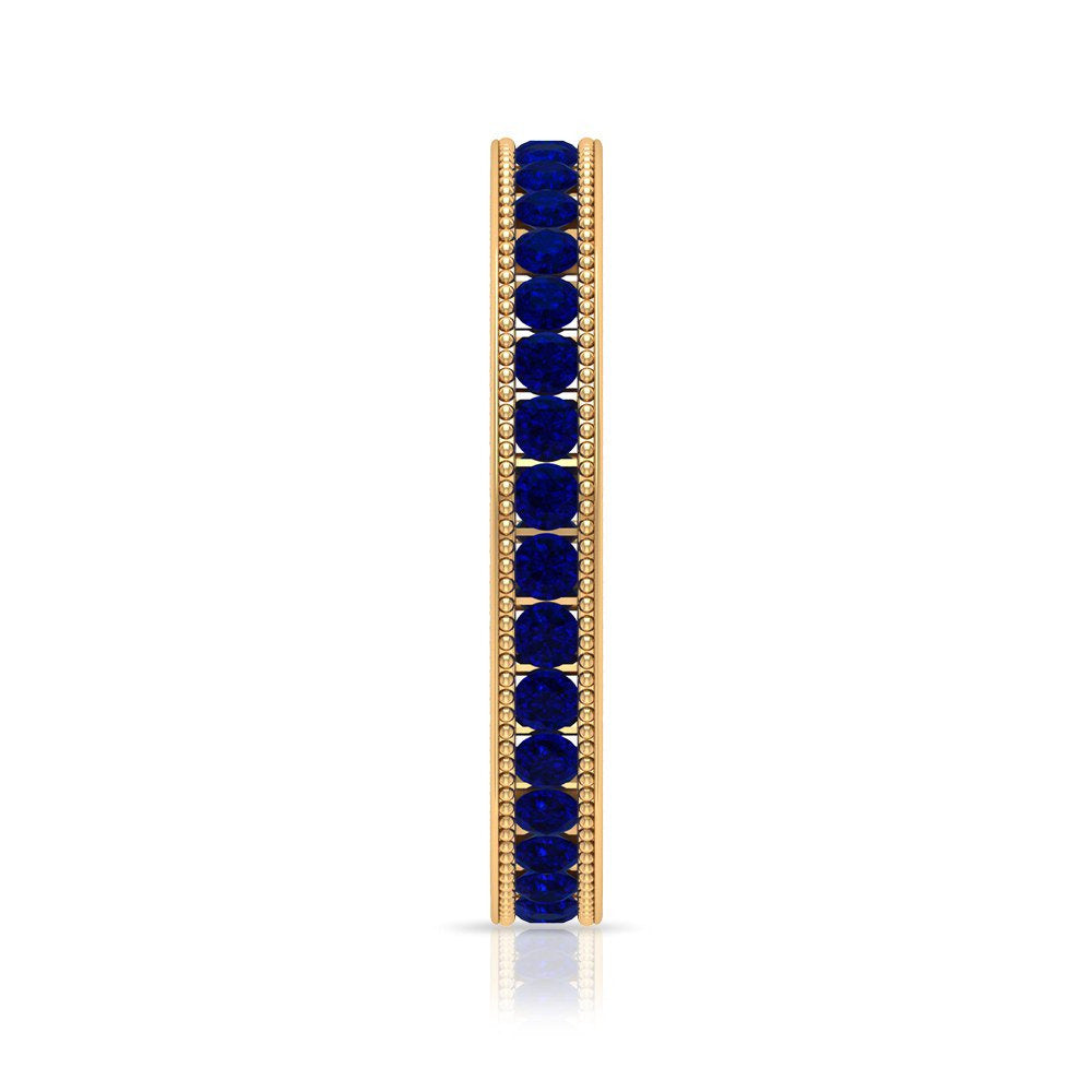 1 CT Created Blue Sapphire Eternity Ring with Milgrain Details, 14K Yellow Gold,