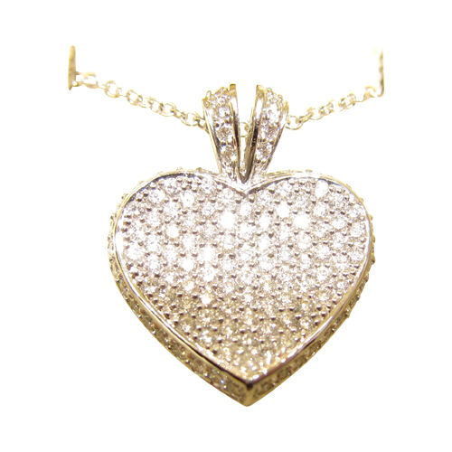 1.70 CT DIAMOND HEART PAVE SET ROUND BRILLIANT SHAPE DIAMOND INCLUDED CHAIN 18 K