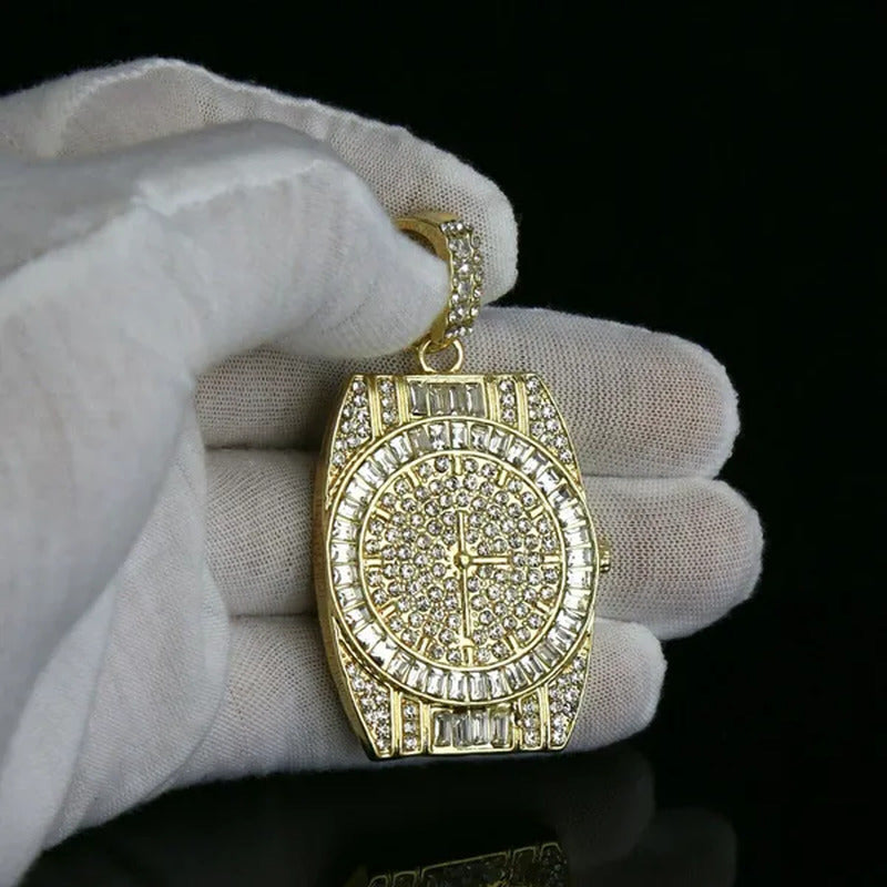 14K Gold PT Watch Fully Diamond Lad Cut Pendant Hip Hop Style 4Mm 24" Franco Cha