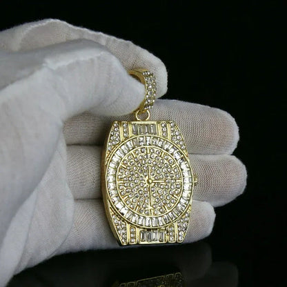 14K Gold PT Watch Fully Diamond Lad Cut Pendant Hip Hop Style 4Mm 24" Franco Cha