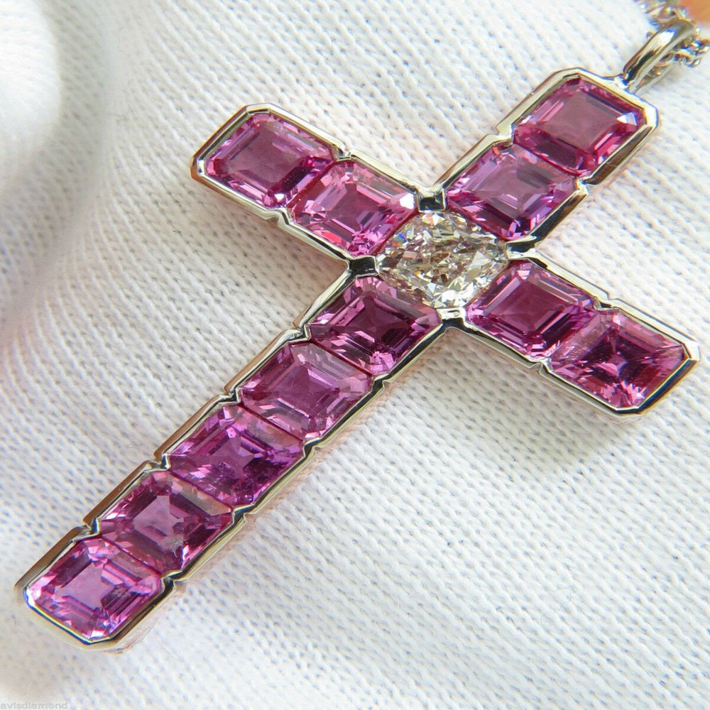 18KT GIA 10.41CT NATURAL PINK SAPPHIRE DIAMOND CROSS PENDANT NECKLACE