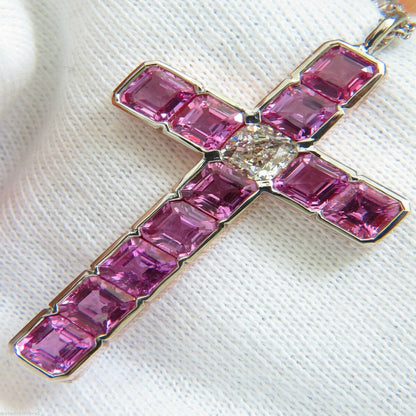 18KT GIA 10.41CT NATURAL PINK SAPPHIRE DIAMOND CROSS PENDANT NECKLACE