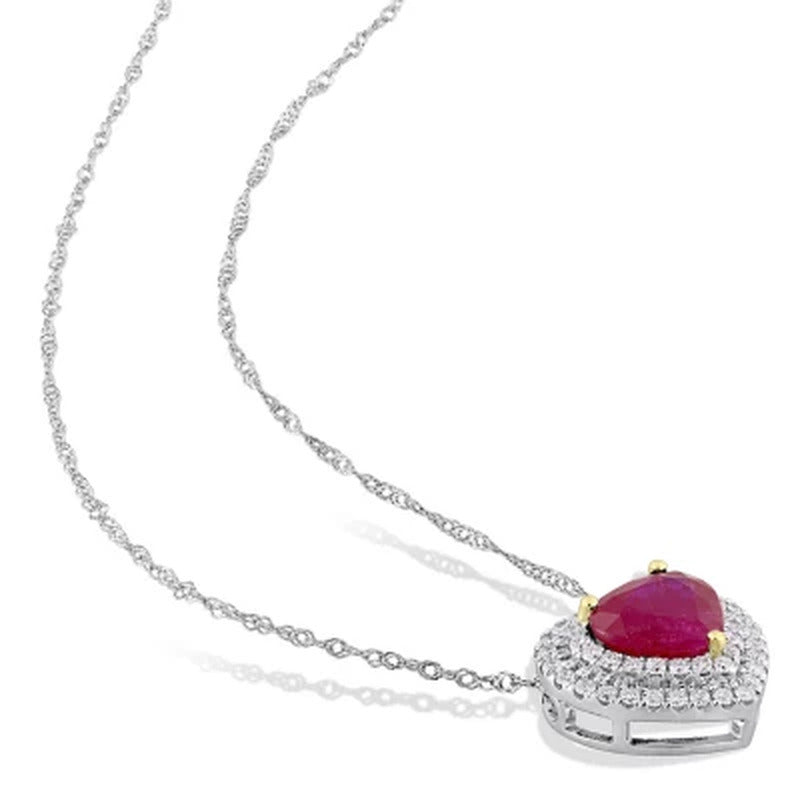 Allura Ruby and 0.22 CT. Diamond Double Halo Heart Pendant in 14K White Gold