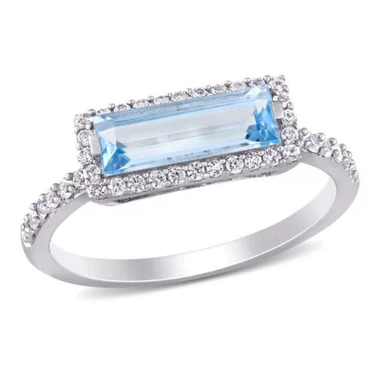 Baguette-Cut Blue Topaz and White Sapphire Halo Ring in Sterling Silver