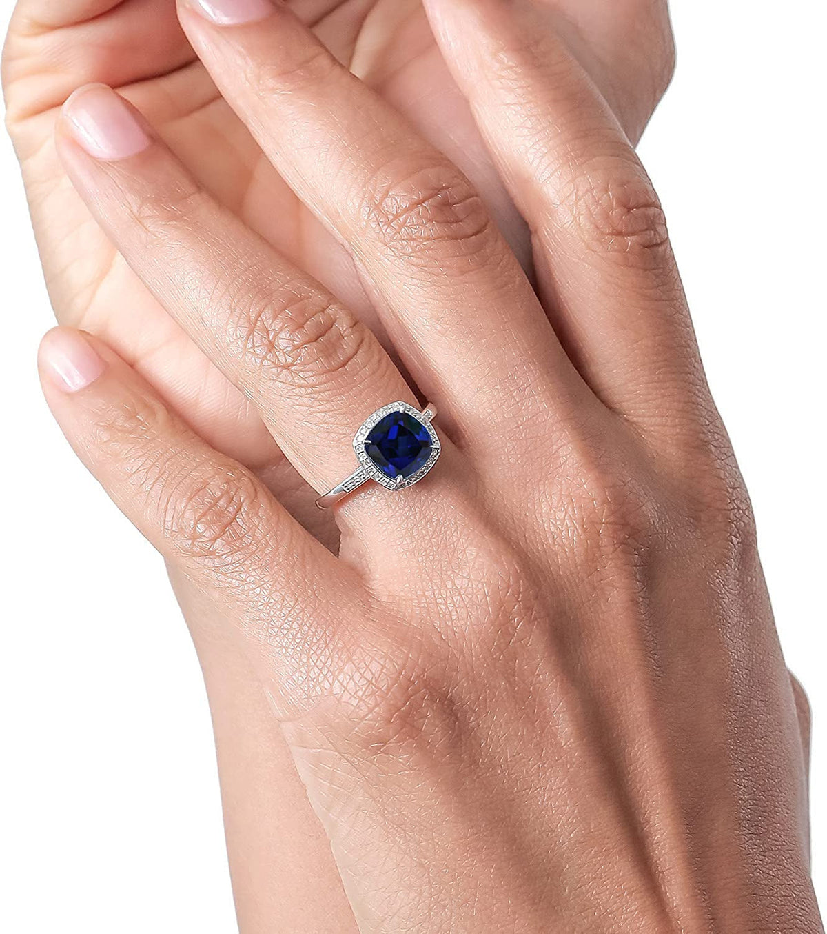 10K White Gold Blue Created Sapphire and Accent Diamond Women'S Engagement Ring