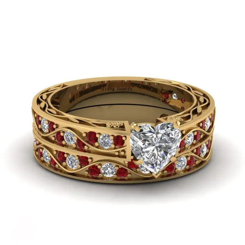 Sz 6-9 Cocktail Ring Champagne Gold Heart Zircon Ruby Women'S Wedding Ring Engag