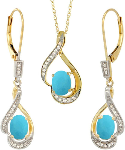 14K Yellow Gold Diamond Natural Turquoise Lever Back Earrings & Necklace Set Ova