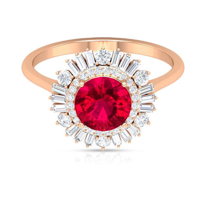 Lab Created Ruby and Moissanite Double Halo Cocktail Engagement Ring, Rose Gold,