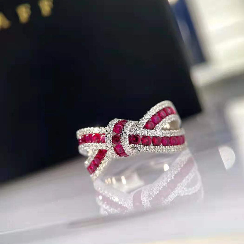 Ruby Three-Dimensional Bow Diamond Ring Atmosphere Light Luxury Fashion Personal