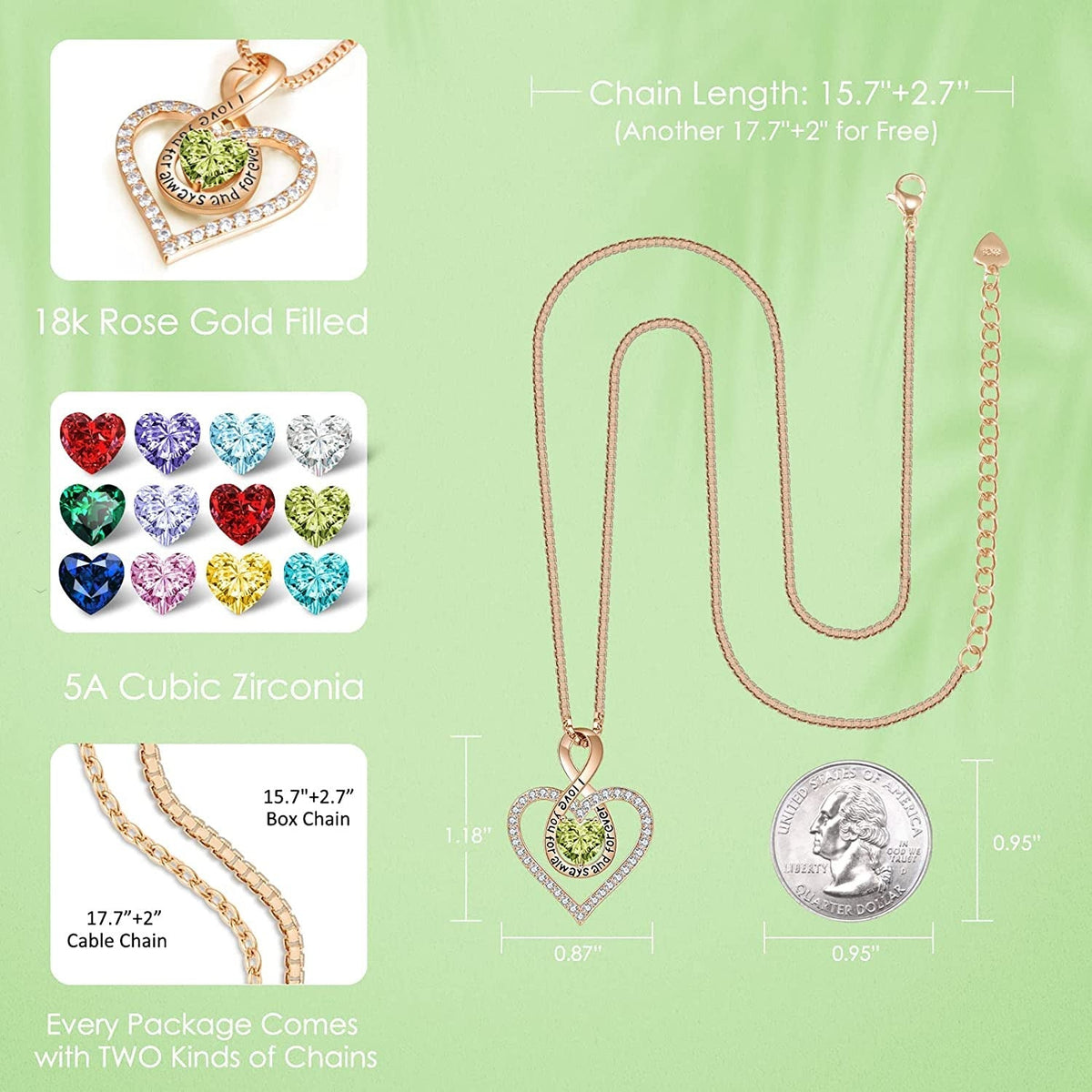 Jewelry for Women Infinity Heart Birthstone Necklace 18K Rose Gold / 925 Sterlin