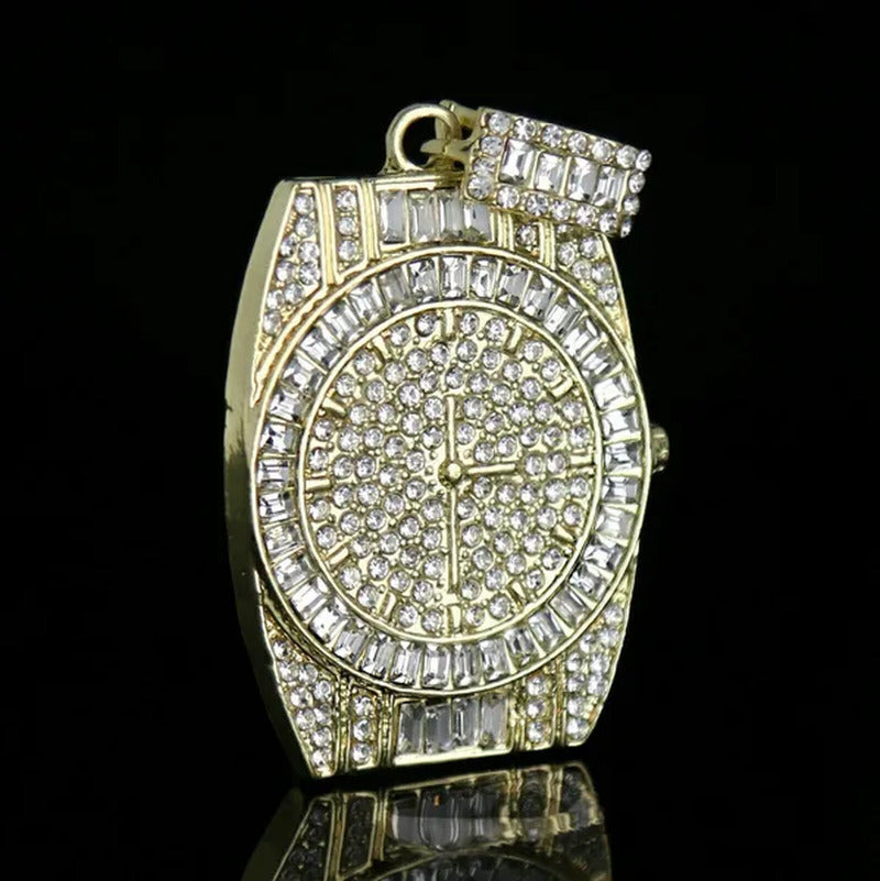 14K Gold PT Watch Fully Diamond Lad Cut Pendant Hip Hop Style 4Mm 24" Franco Cha