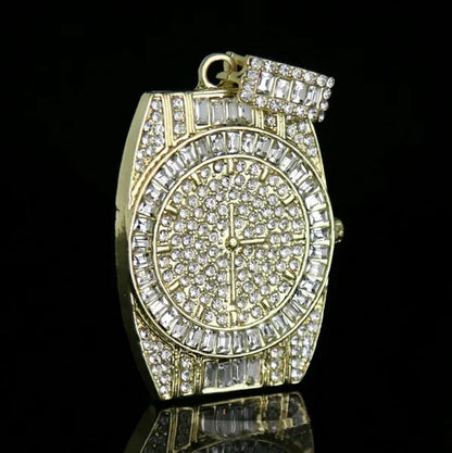 14K Gold PT Watch Fully Diamond Lad Cut Pendant Hip Hop Style 4Mm 24" Franco Cha