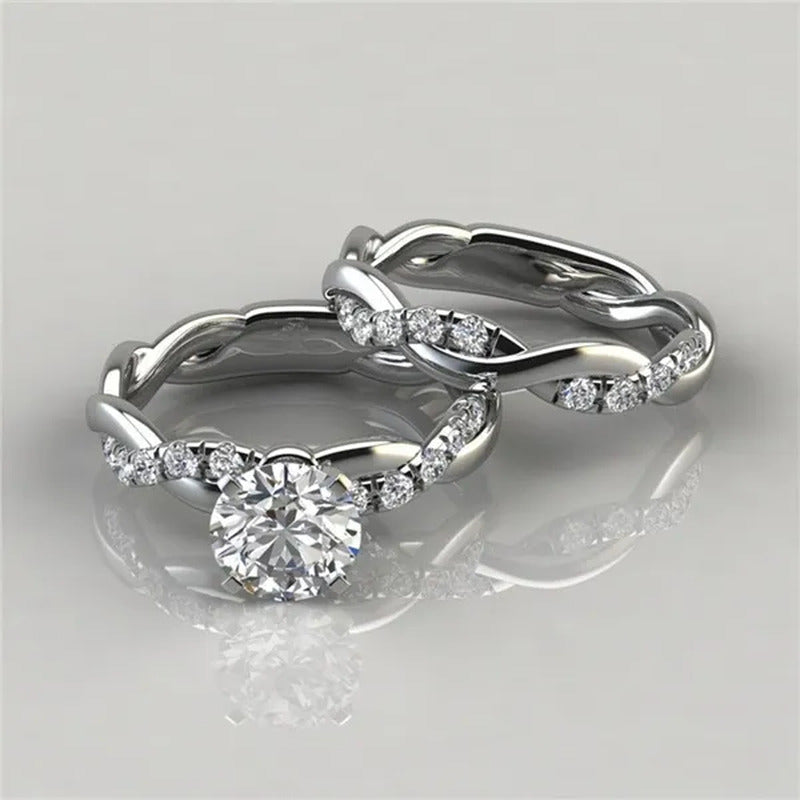 Women'S Dainty Twist round Cut White Sapphire Ring Set Bridal Engagement Diamond