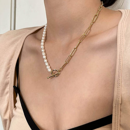 Paper Clip Pearl Necklace Vintage Chunky Link Chain Baroque Cultured Pearls 18K