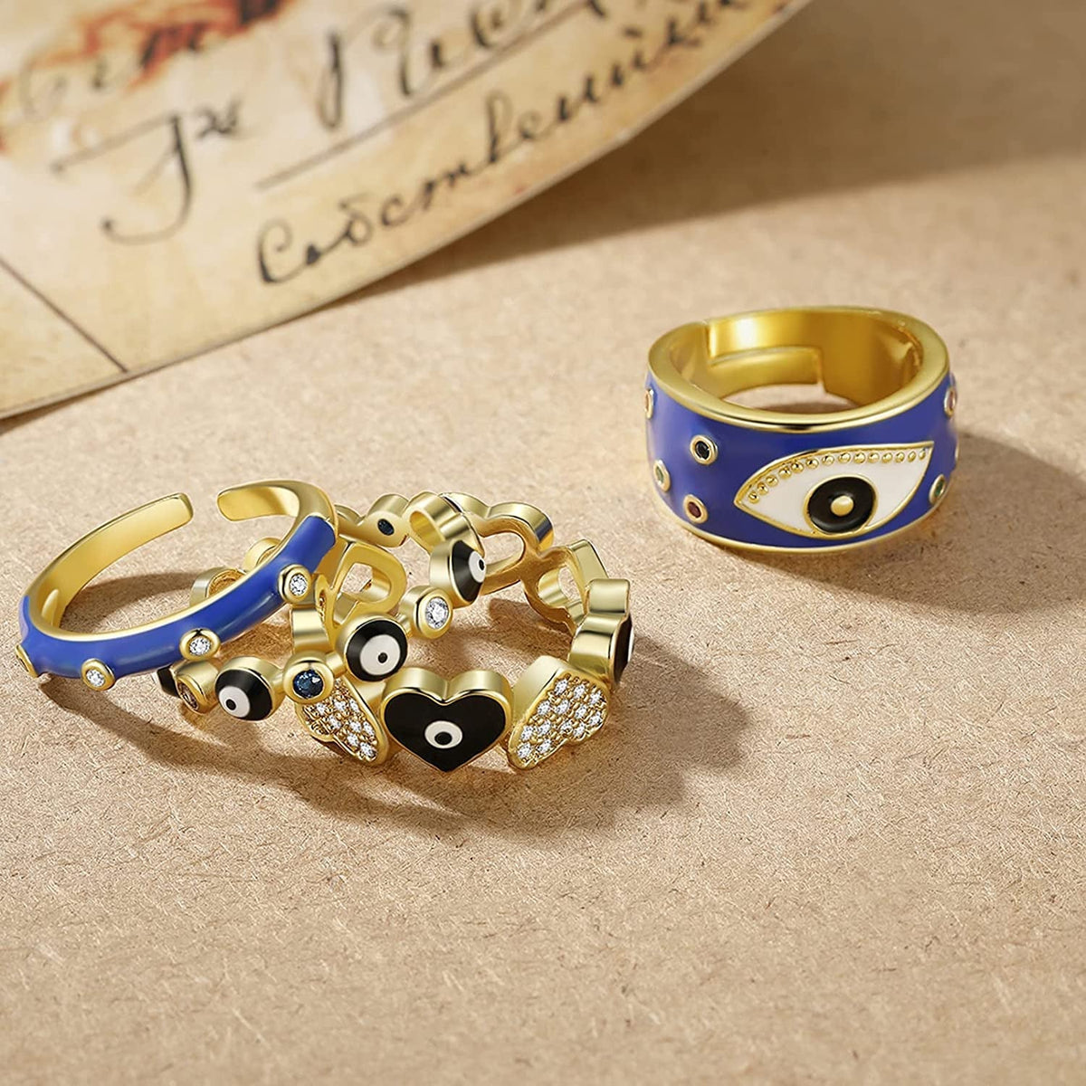 4PCS Evil Eye Ring Set Y2K Colorful Enamel Adjustable Gold Rings for Women Aesth