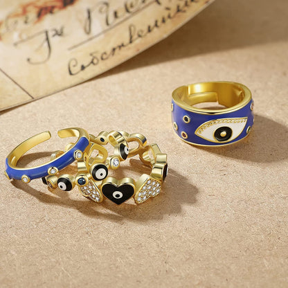 4PCS Evil Eye Ring Set Y2K Colorful Enamel Adjustable Gold Rings for Women Aesth