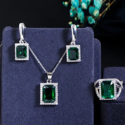 Gloriya Elegant Amethyst Purple CZ Square Pendant Chain Necklace Earrings and Ri