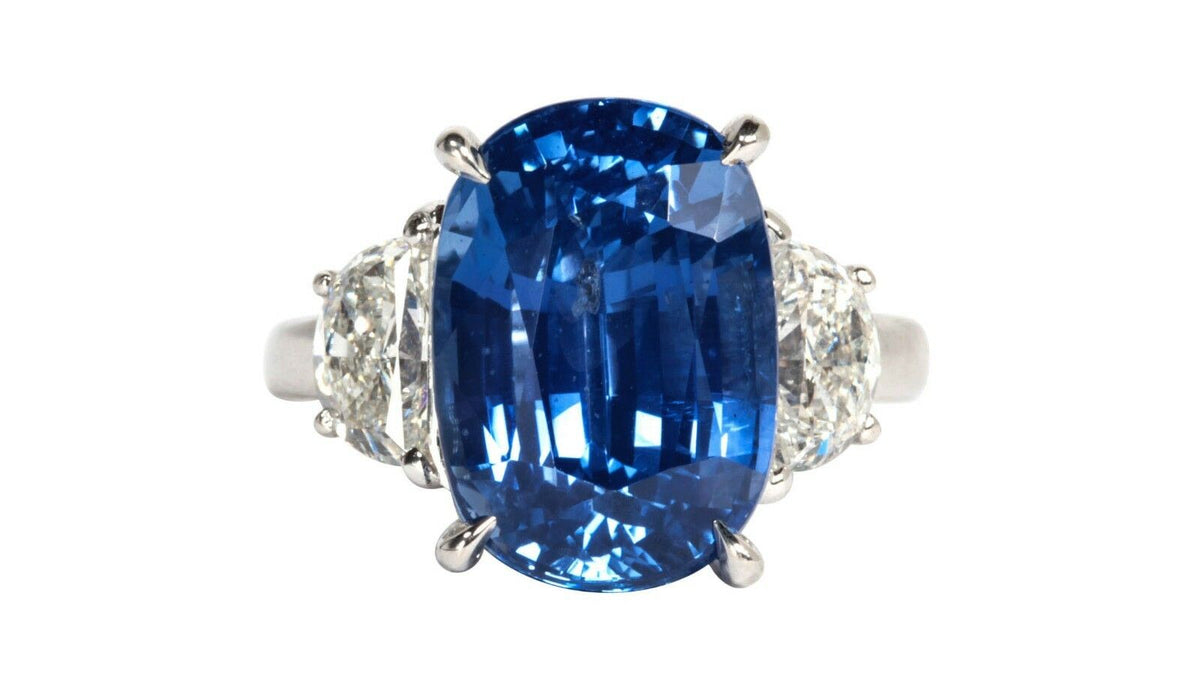 AGTA CERTIFIED 100% NATURAL CUSHION SHAPE SAPPHIRE SET TWO HALFMOON DIAMOND RING
