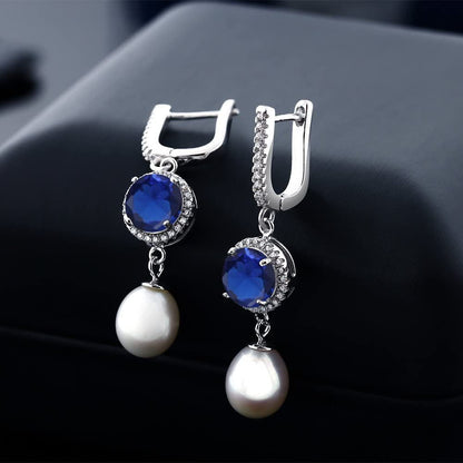 925 Sterling Silver 8MM round Simulated Sapphire and 11X8MM Cultured Freshwater