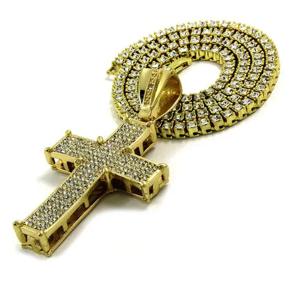 Mens 14K Gold Plated Hip-Hop Center Claw Cross Pendant W/ 24" 1 Row Lab Diamond