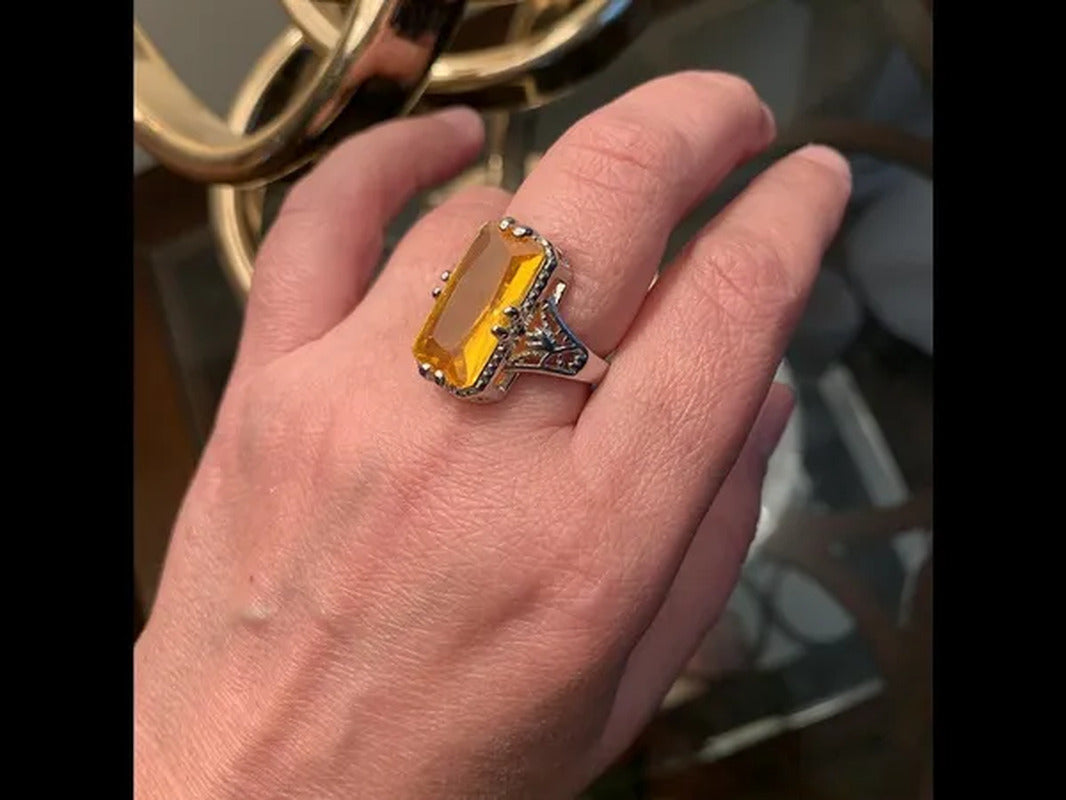 Vintage 925 Silver Ring Baguette Emerald Cut Lemon Yellow Citrine Retro Hollow C