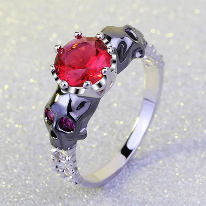 Punk Rose Red CZ Black Skull Head 925 Sterling Silver Ring for Women Girl Size 5
