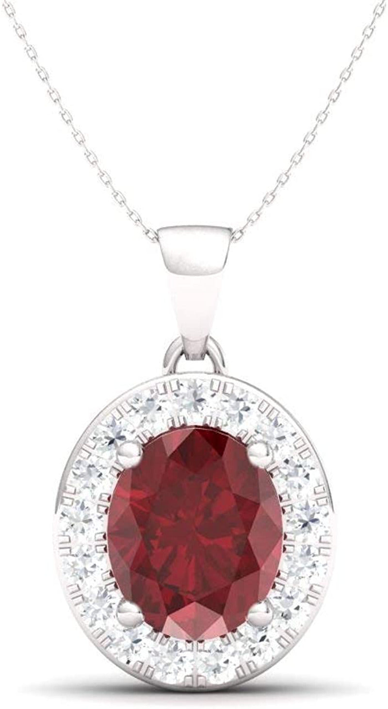 Natural and Certified Oval Cut Gemstone and Diamond Petite Necklace in 14K White