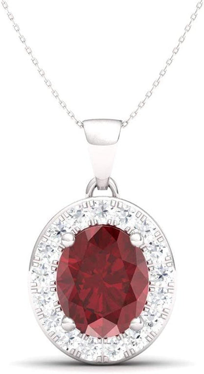 Natural and Certified Oval Cut Gemstone and Diamond Petite Necklace in 14K White