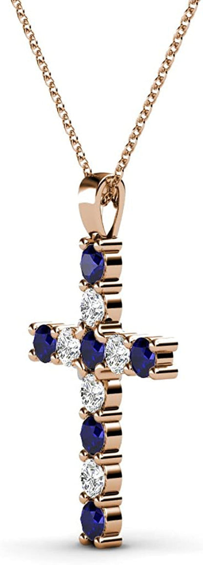 Petite Blue Sapphire & Natural Diamond (SI2-I1,G-H) Cross Pendant 0.34 Ctw 14K G