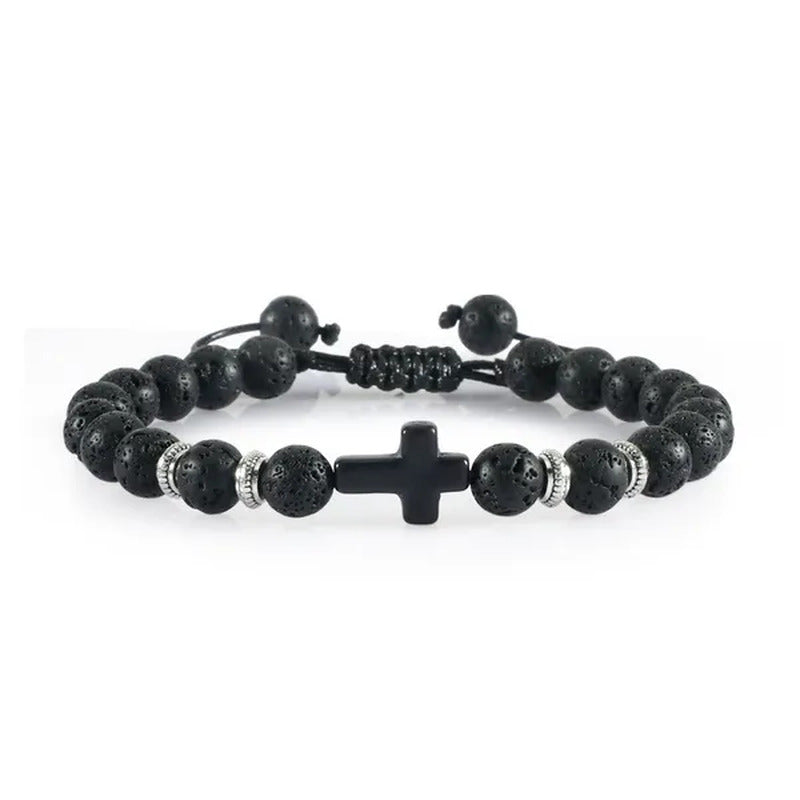 Handmade Natural Stone Wooden Beaded Bracelet Christian Jesus Cross Braided Brac