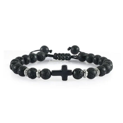 Handmade Natural Stone Wooden Beaded Bracelet Christian Jesus Cross Braided Brac