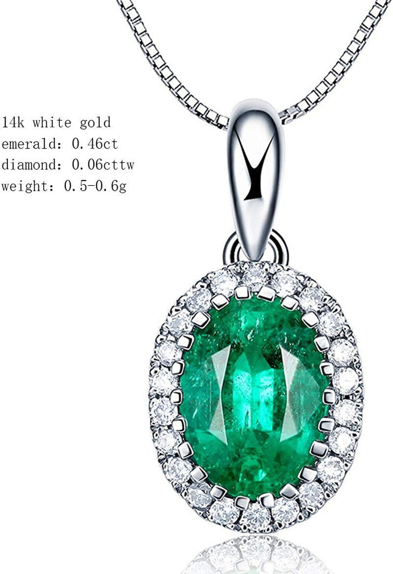 14K Solid White Gold 0.46Ct Natural Green Emerald Necklace, Small Halo May Birth