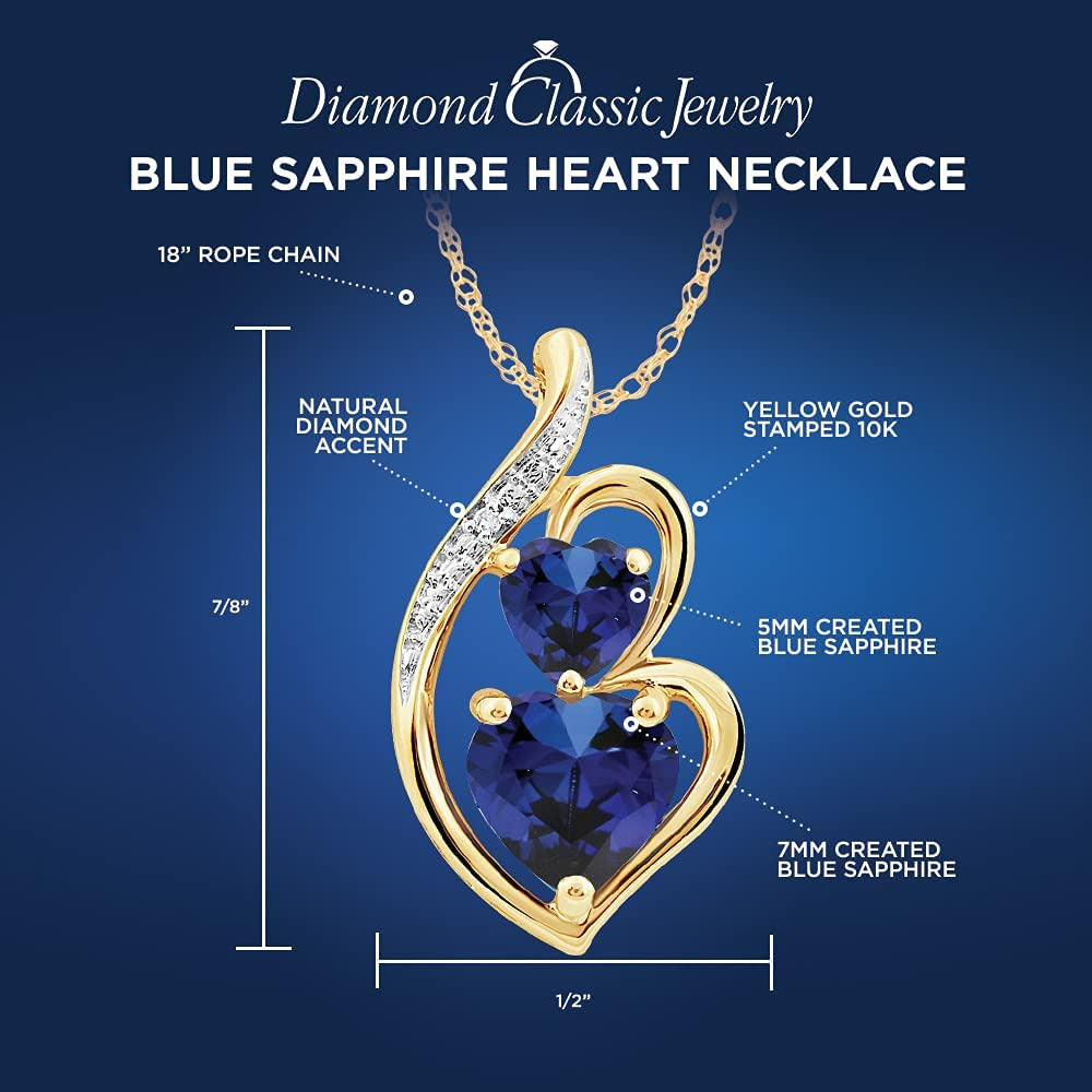 Lab Created Blue Sapphire Necklace Heart in 10K Yellow Gold with Diamond Accent