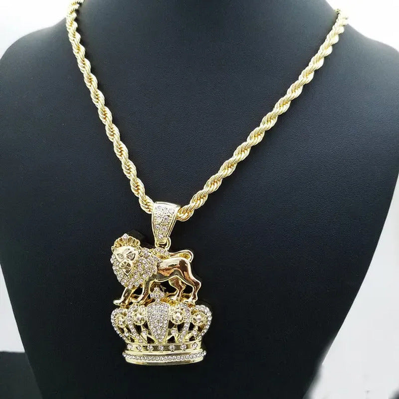 Full Iced Hip Hop Rapper'S Lion King Crown Pendant W/ 5Mm 30" Rope Chain Necklac