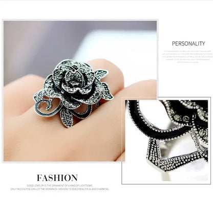 US/UK Trendy Women Retro Rose Flower Ring Black Crystal Vantige Big Flower Rings