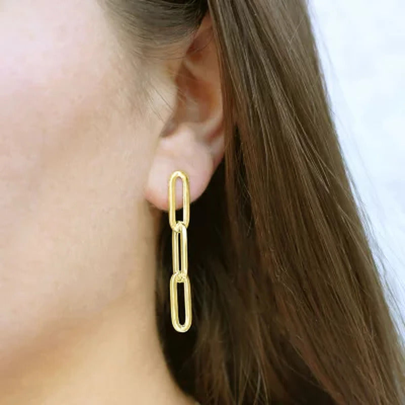 14K Yellow Gold High Polish Paperclip Link Drop Earrings