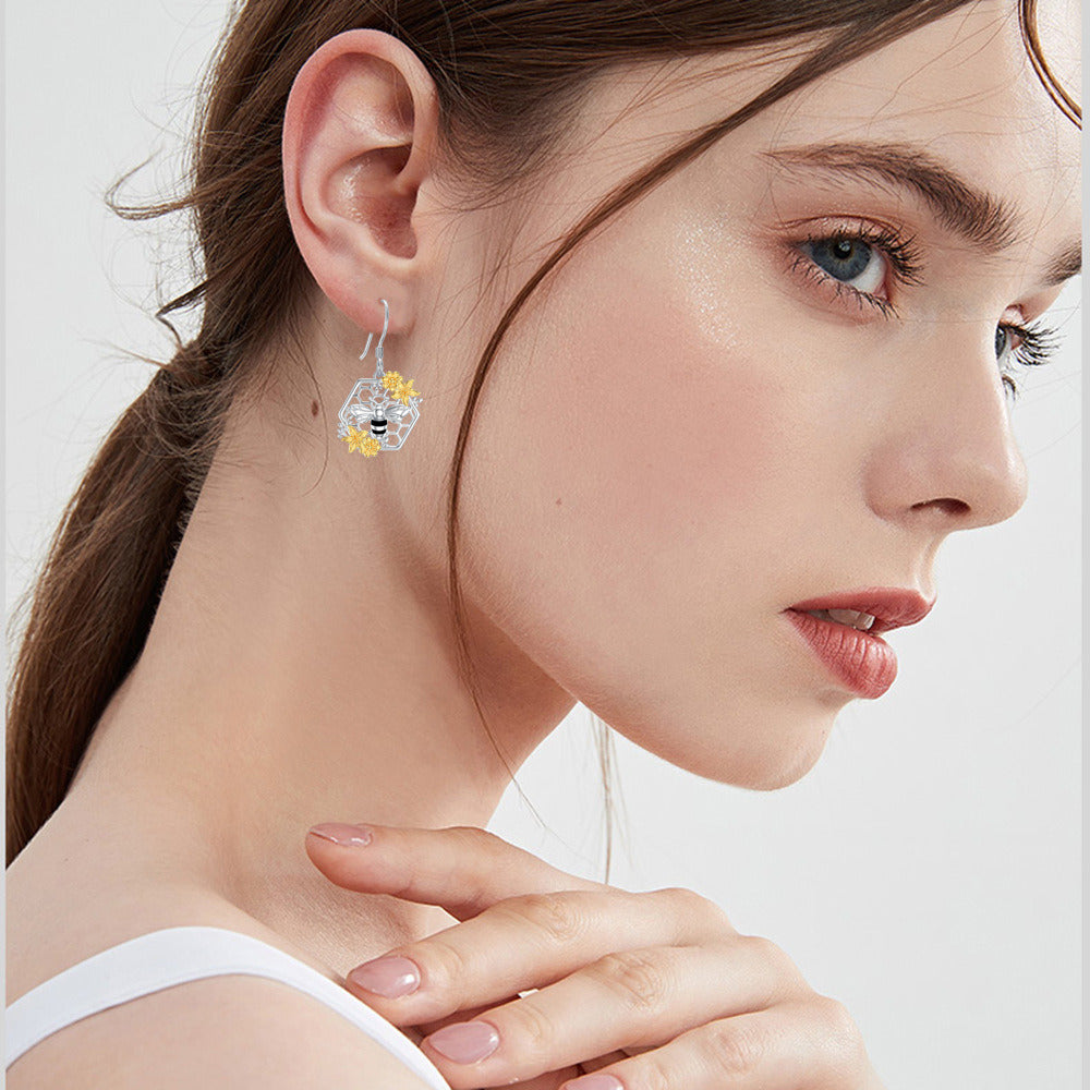 Sunflower Bee Earrings Sterling Silver Honeycomb Dangle Drop Bee Earrings Jewelr