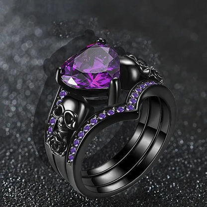 Gothic Black Rose Flower Skull Engagement s Set Red Purple Heart-Shaped Zircon C