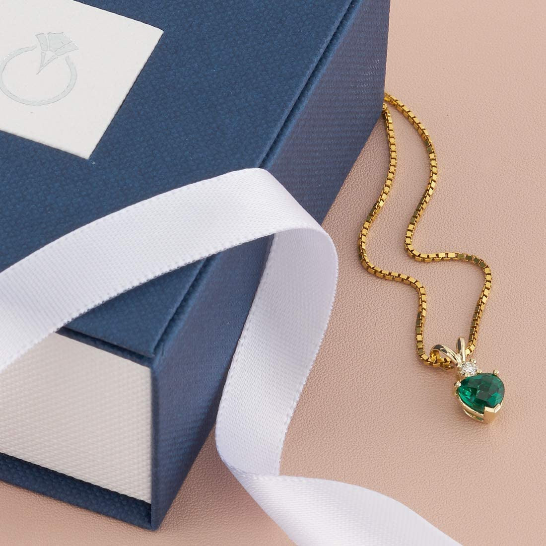 Created Emerald with Genuine Diamond Pendant in 14 Karat Yellow Gold, Heart Shap