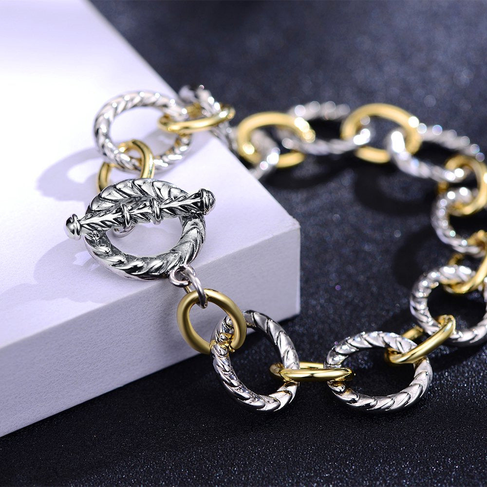 Link Bracelet Two Tone Circles Chain Silver and Gold Wire Cable Bangle Designer