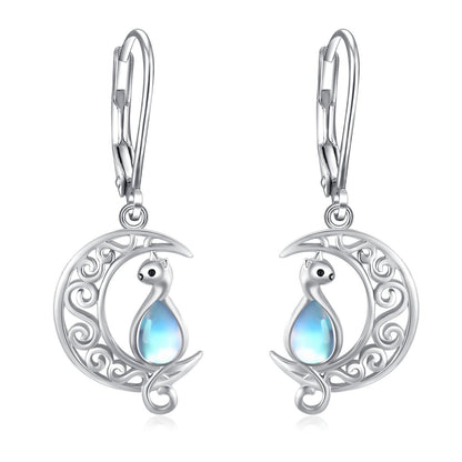 Moon Cat Earrings for Women Hypoallergenic 925 Sterling Silver Crescent Cat Drop