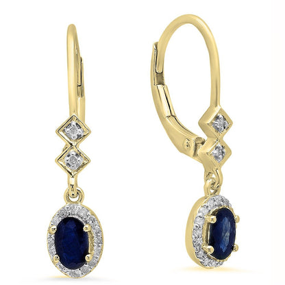 Collection 10K 5X3 MM Each Oval Blue Sapphire & round White Diamond Ladies Dangl