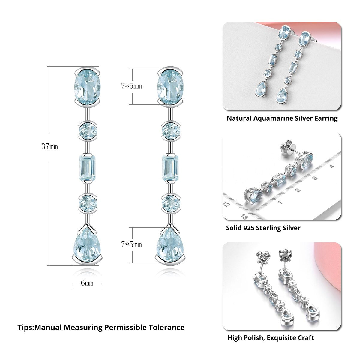 Natural Aquamarine Sterling Silver Drop Earrings 3.5 Carats Light Blue