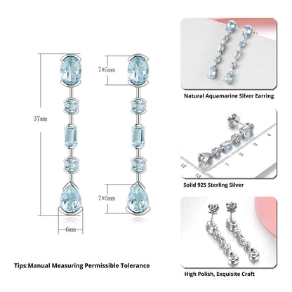 Natural Aquamarine Sterling Silver Drop Earrings 3.5 Carats Light Blue