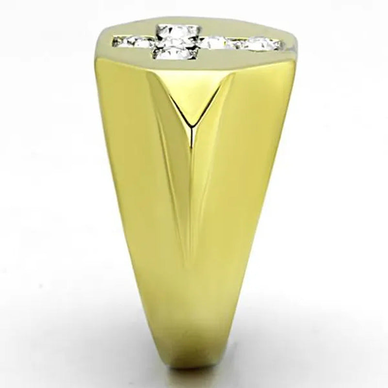 Men'S Stainless Steel 14K Gold Ion Plated Simulated Diamond Cross Ring Size 8-13