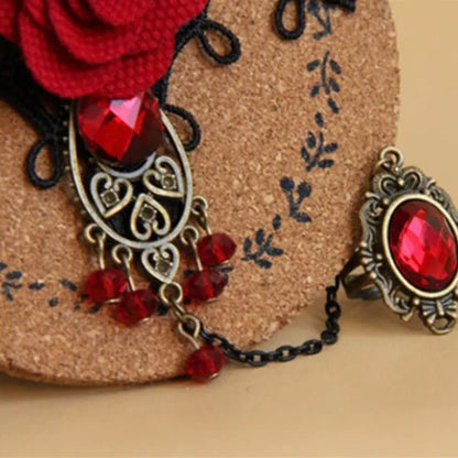 Jewelry Elegant Gothic Style Lace Red Rose Bracelet with Adjustable Finger Ring